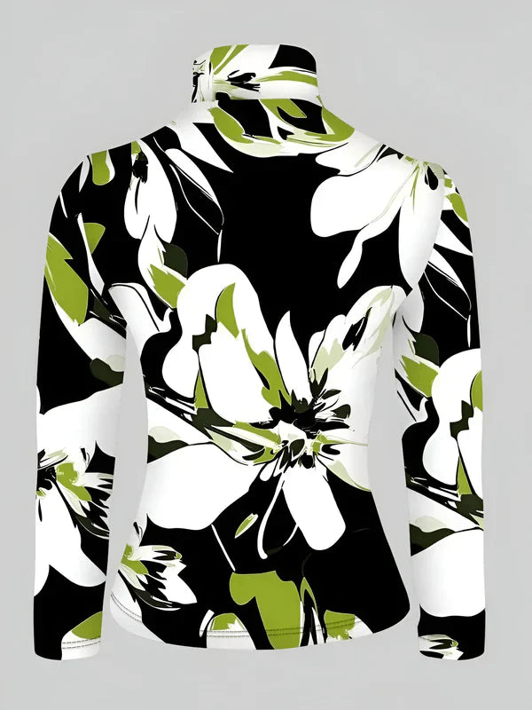Risa - sexy rollkragen-langarm-t-shirt mit hohem kragen und blumendruck