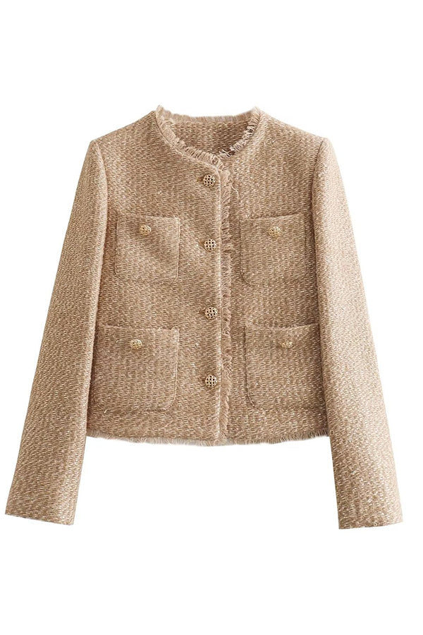 Ausgefranste jacke mit rundhalsausschnitt und knöpfen