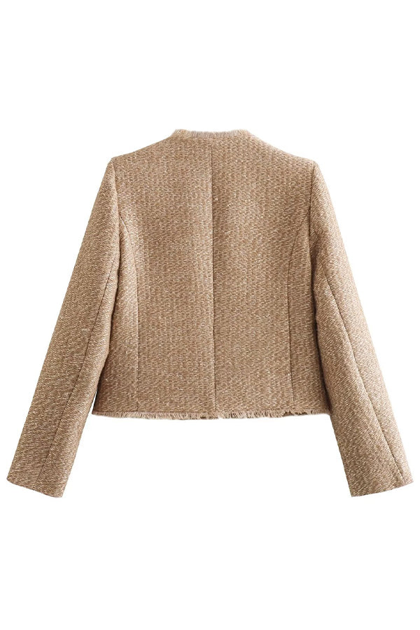 Ausgefranste jacke mit rundhalsausschnitt und knöpfen
