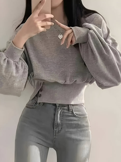 Letia - lässiger luxus elegantes t-shirt in uni mit knopfdetail