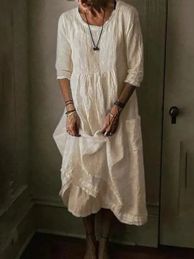 Beige Maxi Sommerkleid mit kurzen Ärmeln und langer Schnittführung