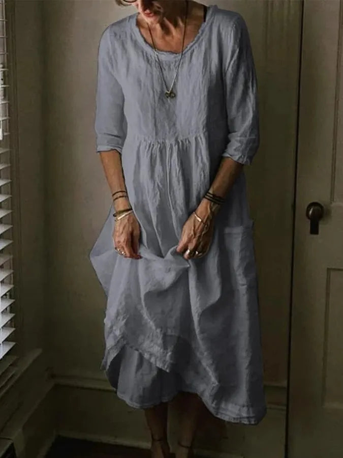 Grau Maxi Sommerkleid mit kurzen Ärmeln und langer Schnittführung