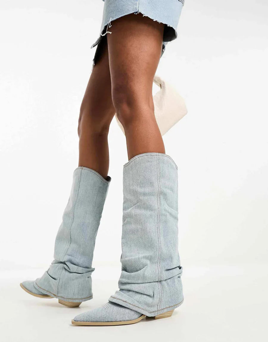 Kniehohe denim-fashion-stiefel für damen