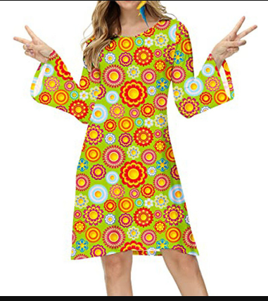 farbenfrohes Vintage-Kleid mit langen Ärmeln und kurzem Schnitt
