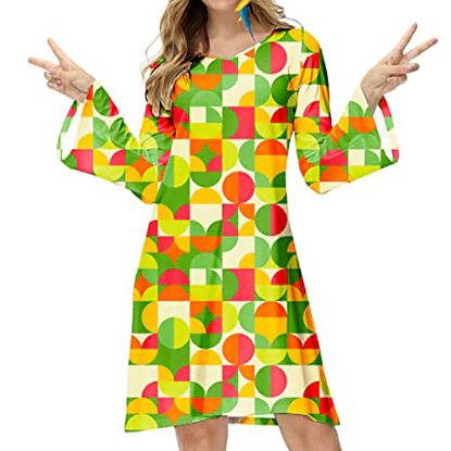 farbenfrohes Vintage-Kleid mit langen Ärmeln und kurzem Schnitt