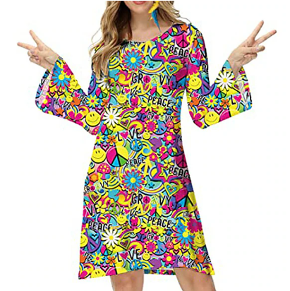 farbenfrohes Vintage-Kleid mit langen Ärmeln und kurzem Schnitt