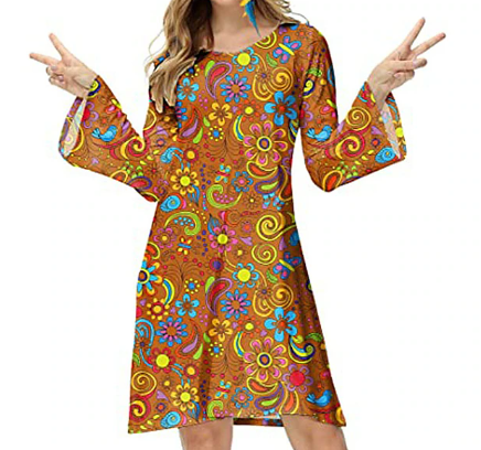 farbenfrohes Vintage-Kleid mit langen Ärmeln und kurzem Schnitt
