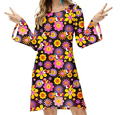 farbenfrohes Vintage-Kleid mit langen Ärmeln und kurzem Schnitt
