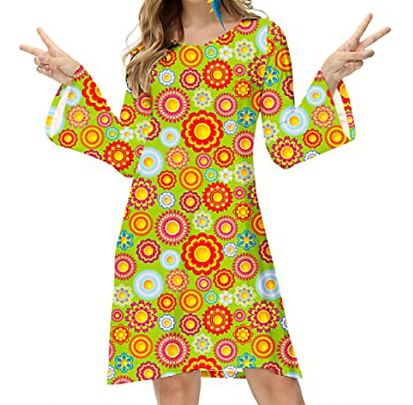 farbenfrohes Vintage-Kleid mit langen Ärmeln und kurzem Schnitt