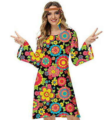 farbenfrohes Vintage-Kleid mit langen Ärmeln und kurzem Schnitt