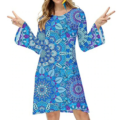 farbenfrohes Vintage-Kleid mit langen Ärmeln und kurzem Schnitt