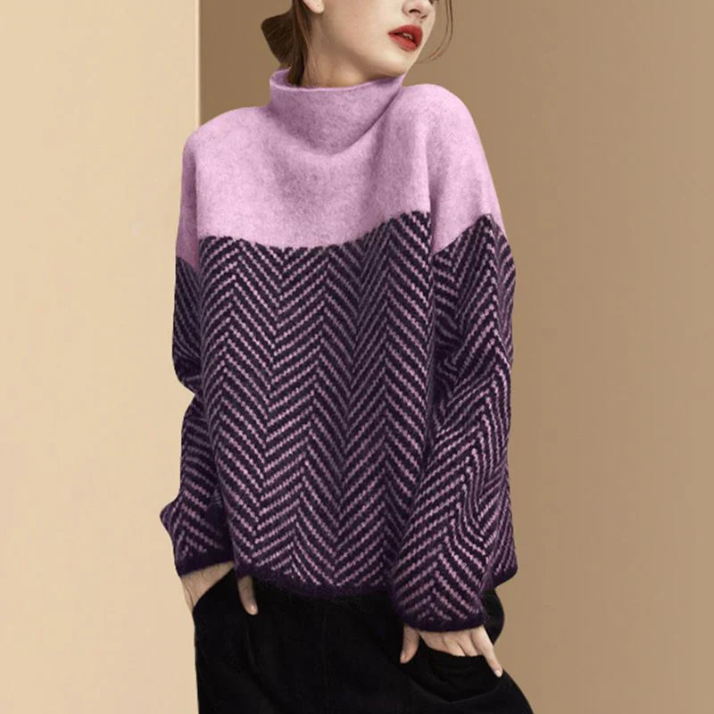 Pullover mit hohem Kragen und Fischgrätenmuster