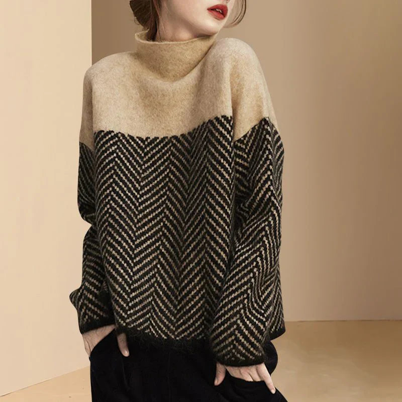 Pullover mit hohem Kragen und Fischgrätenmuster