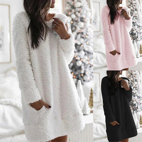 Gail – warmes kleid mit unifarbe und rundhalsausschnitt