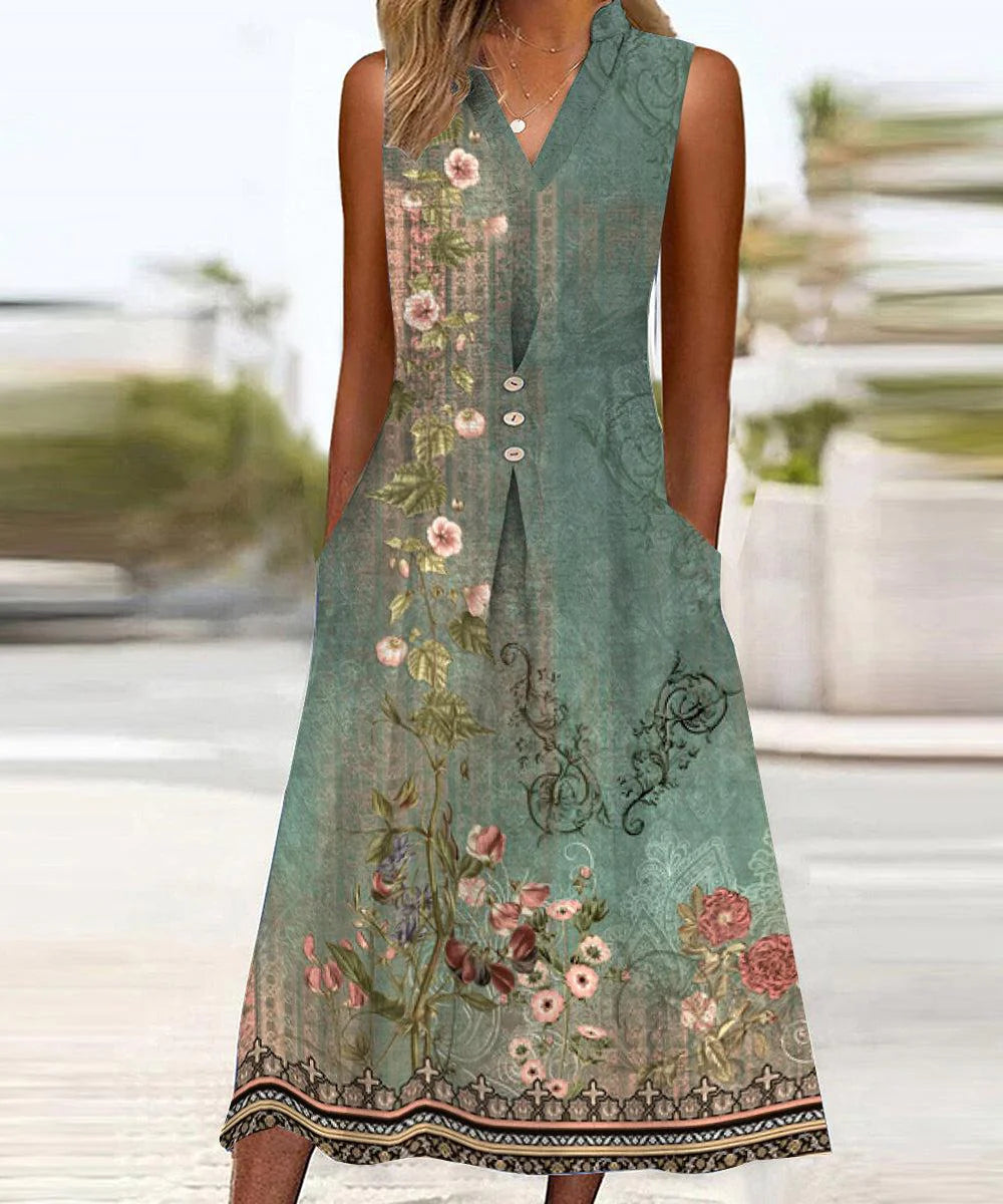 Evelyn – grünes ärmelloses midikleid mit seitentaschen