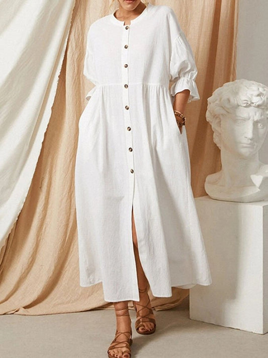 Leinen-maxikleid mit knopfleiste und abllonärmeln