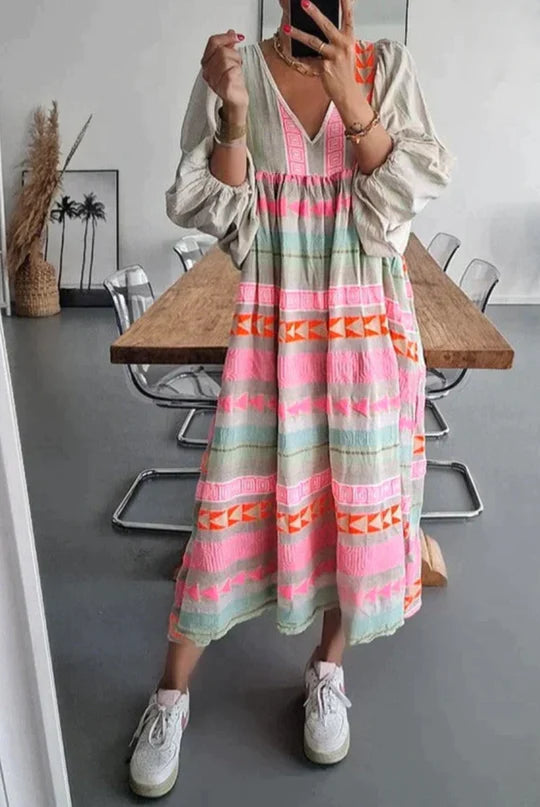 Luisa – farbenfrohes maxikleid mit geometrischem muster