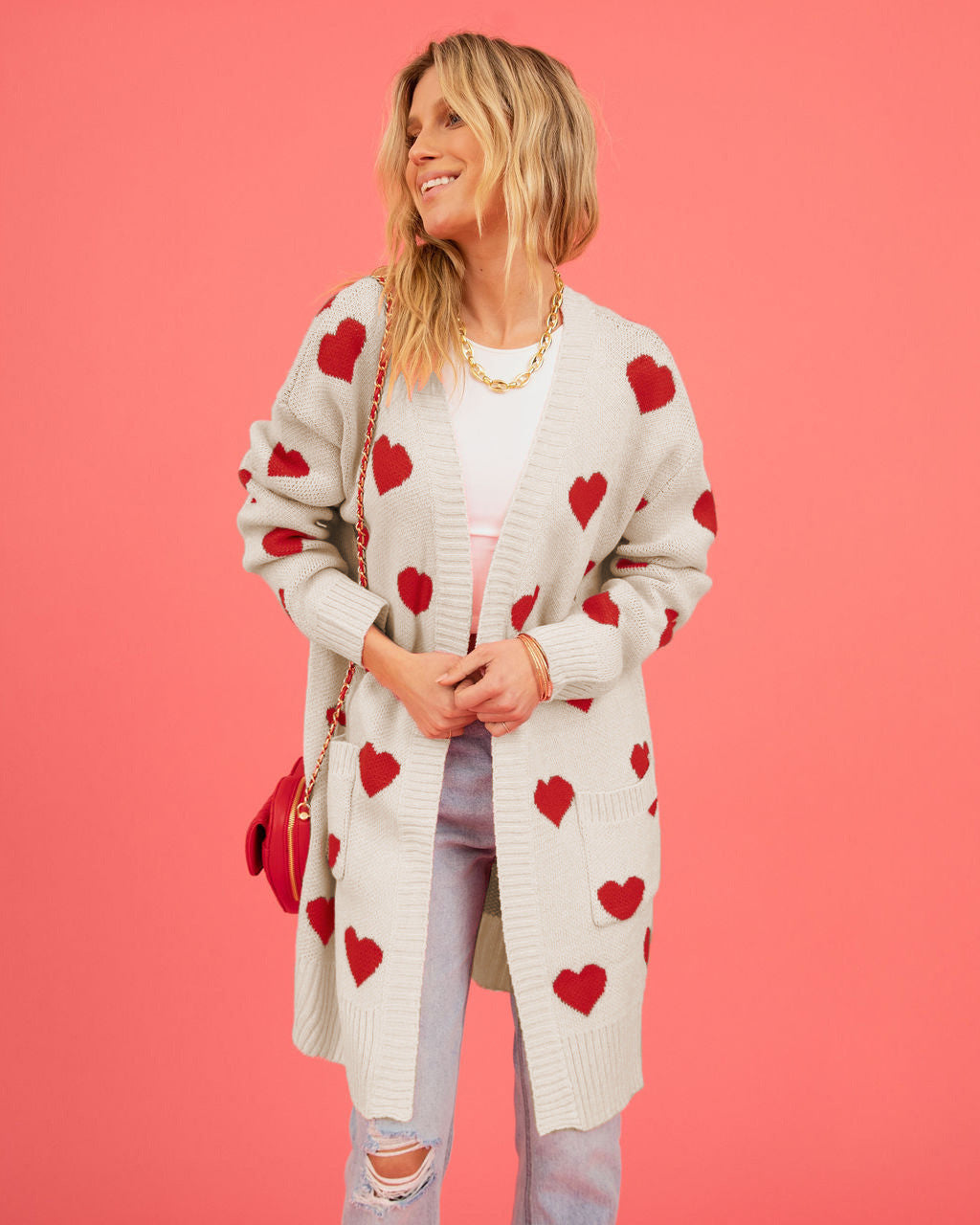 Liora – stylischer erdbeer-cardigan mit offener vorderseite für den frühling