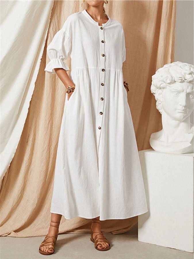 Leinen-maxikleid mit knopfleiste und abllonärmeln