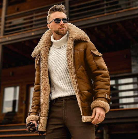 Eithan - Herren Camel Stilvolle Fliegende Lederjacke, Slim Fit Shearling Aviator Bomber