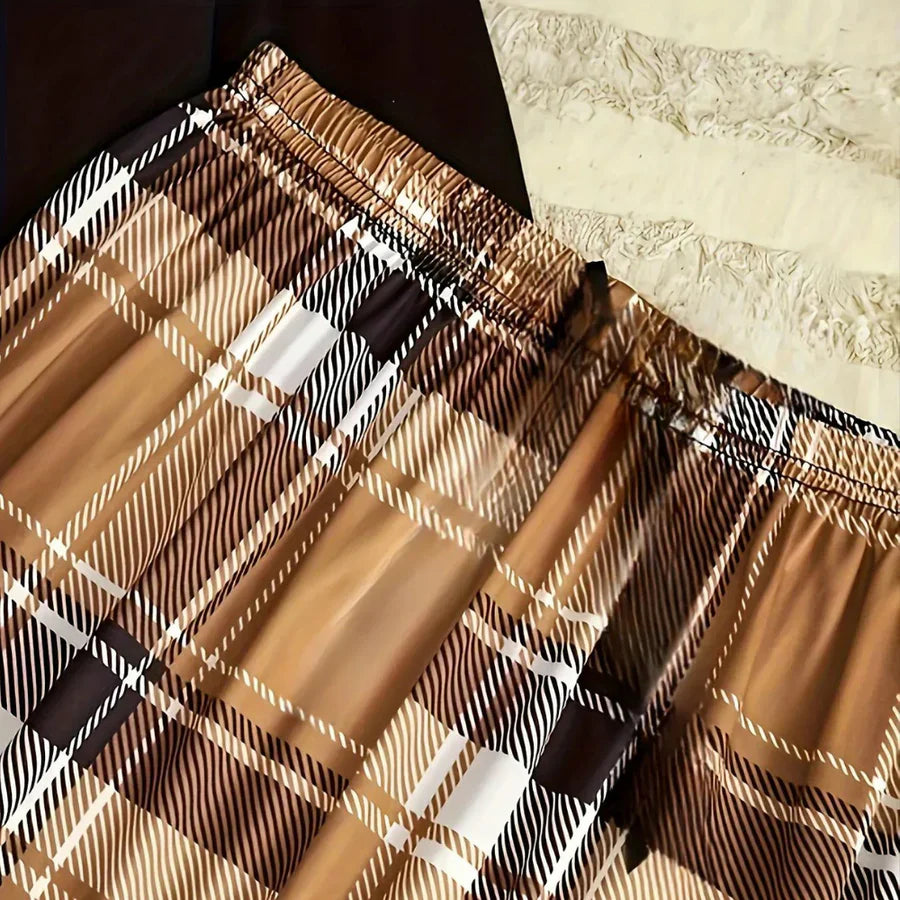 Inge - luxuriöses komfort-top mit rundhalsausschnitt und trendigem karo-hosen-set
