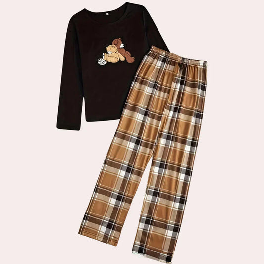 Inge - luxuriöses komfort-top mit rundhalsausschnitt und trendigem karo-hosen-set