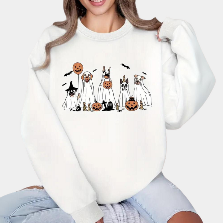 Margaret - stylischer halloween-pullover für damen mit süßem hundeaufdruck