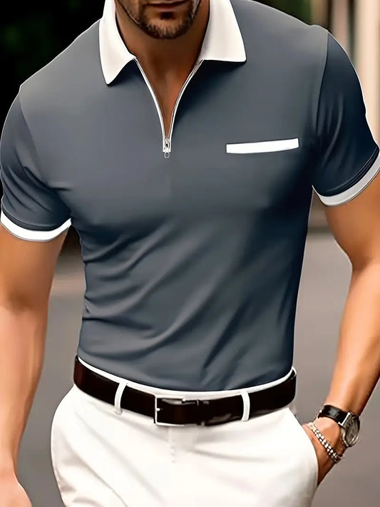 Grau Polo Shirt mit halber Reißverschluss und Kragen