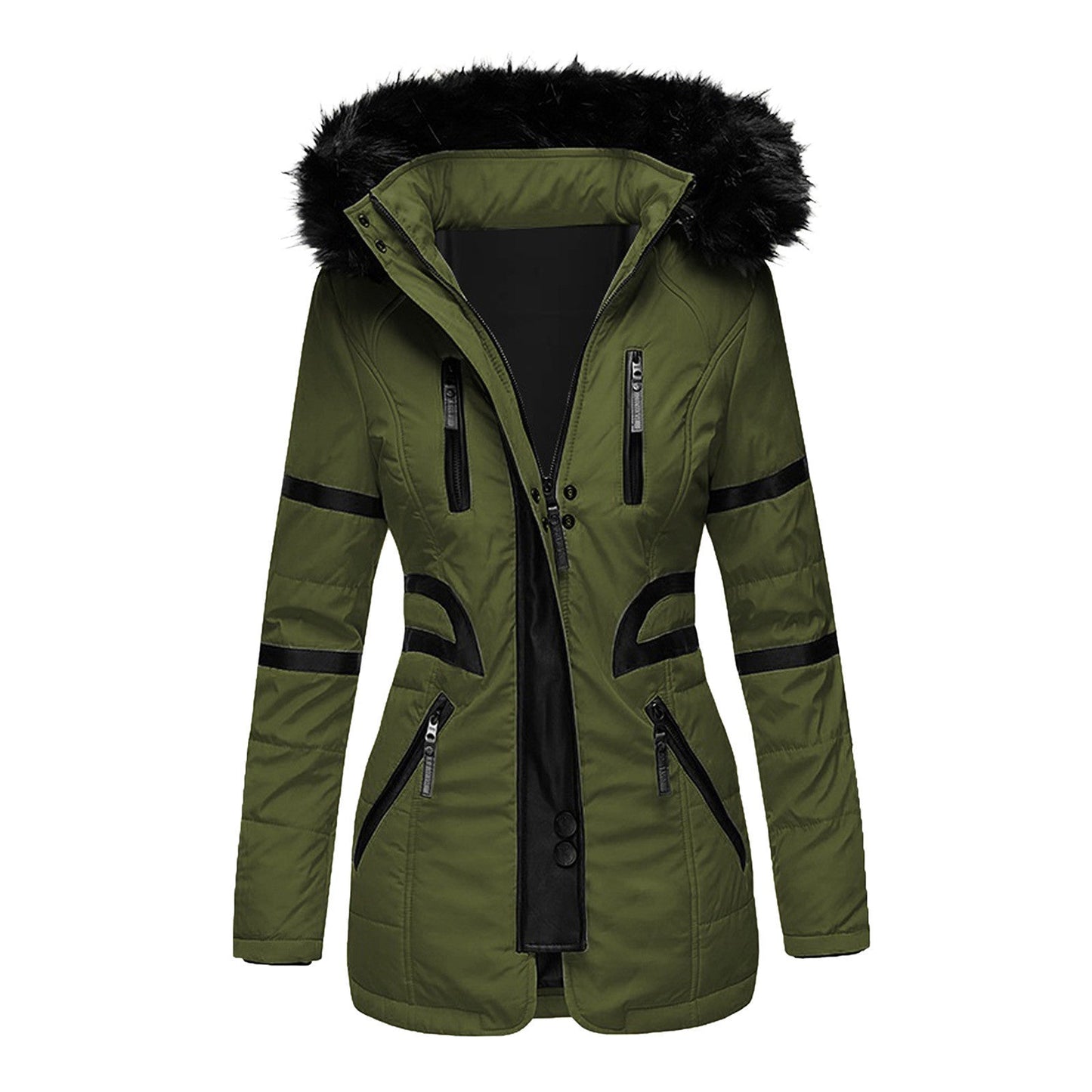 Eleganter damen-wintermantel mit kapuze und wolle