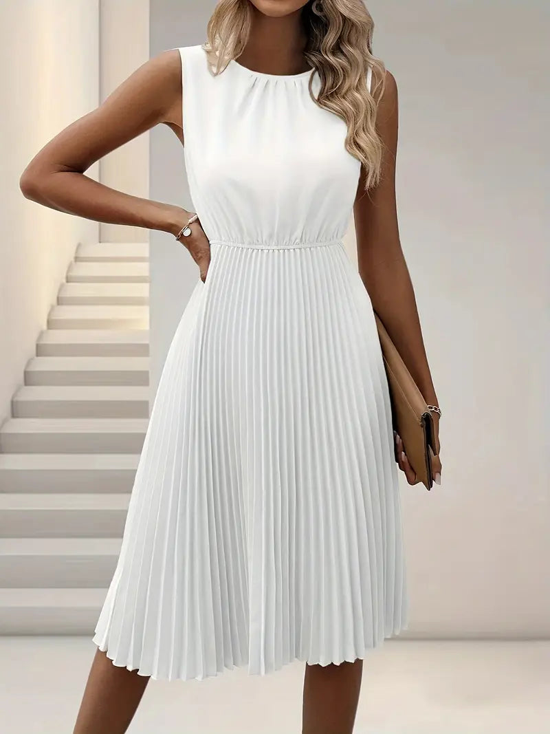 Weiß elegante ärmellose Kleid mit Rundhalsausschnitt