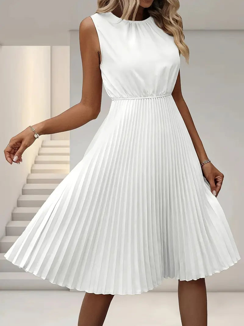 Weiß elegante ärmellose Kleid mit Rundhalsausschnitt