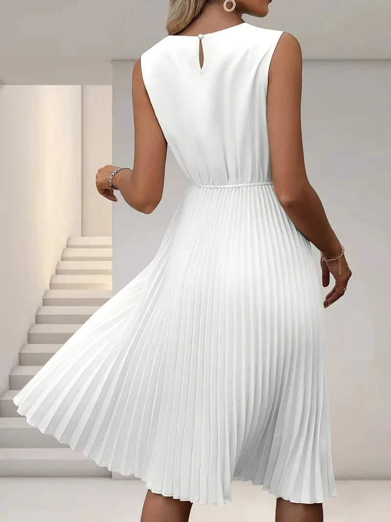 Weiß elegante ärmellose Kleid mit Rundhalsausschnitt