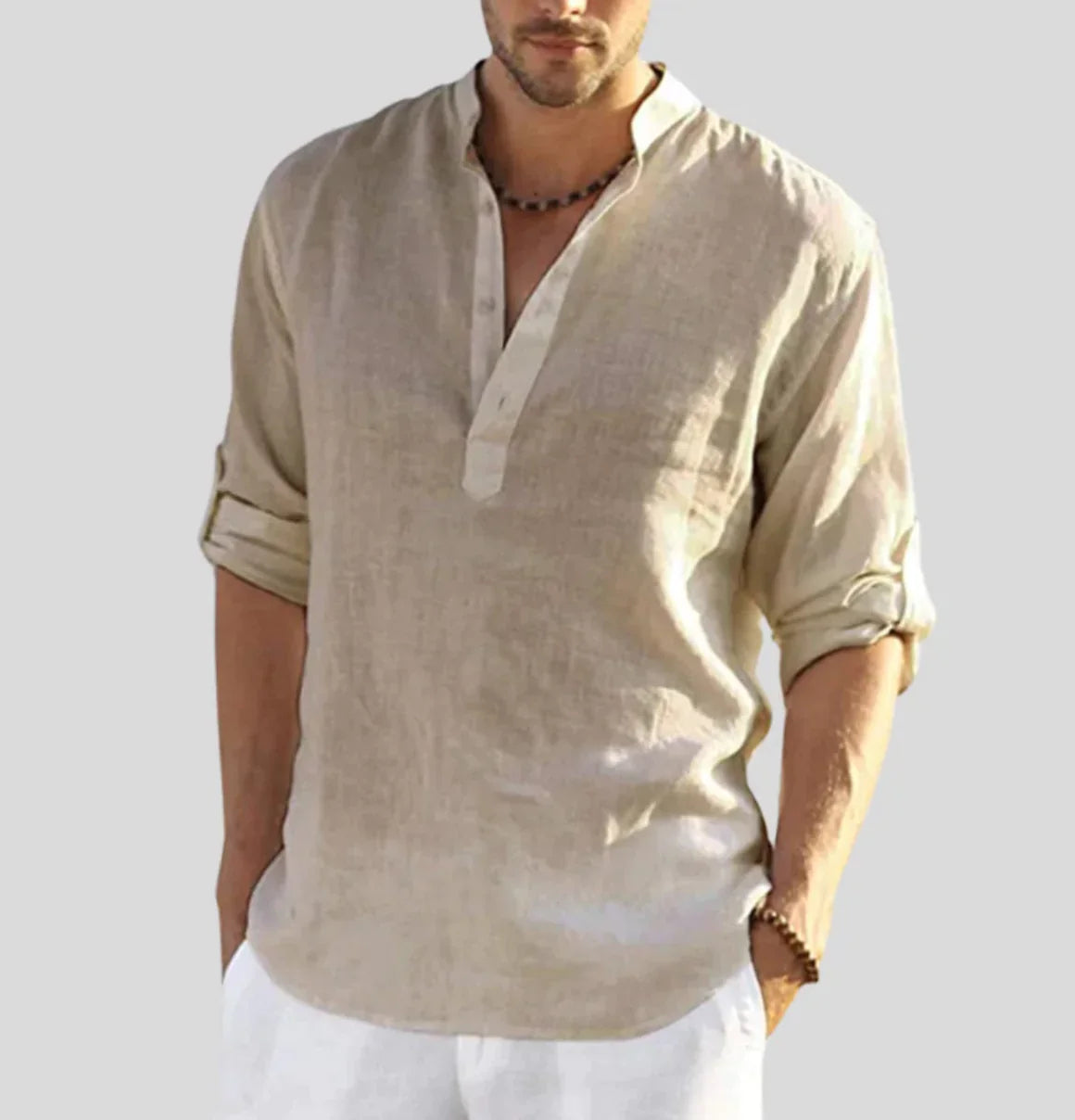 Beige leinen herren hemd mit kragen