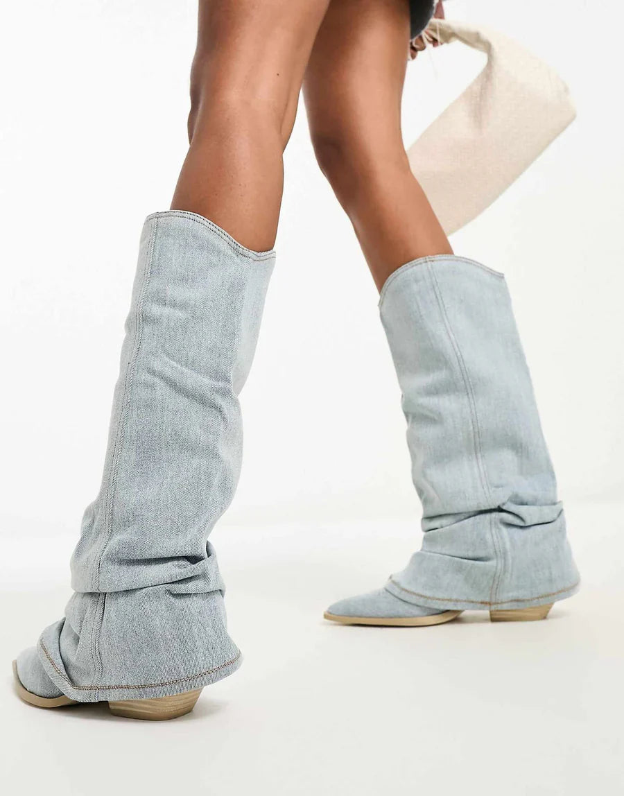 Kniehohe denim-fashion-stiefel für damen
