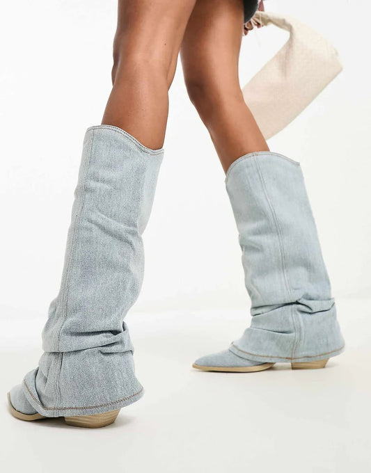 Kniehohe denim-fashion-stiefel für damen