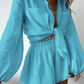 Blau Sommer Set mit Leinenbluse und Leinen Short für Damen