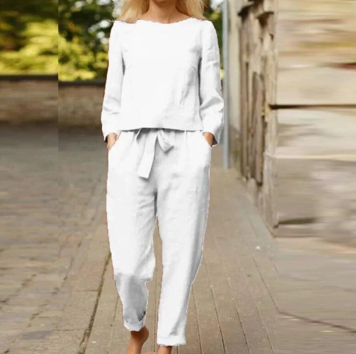 White leinen summer dress set damen 