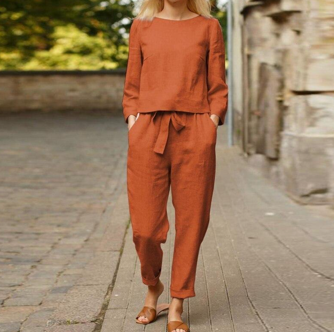 Orange leinen summer dress set damen