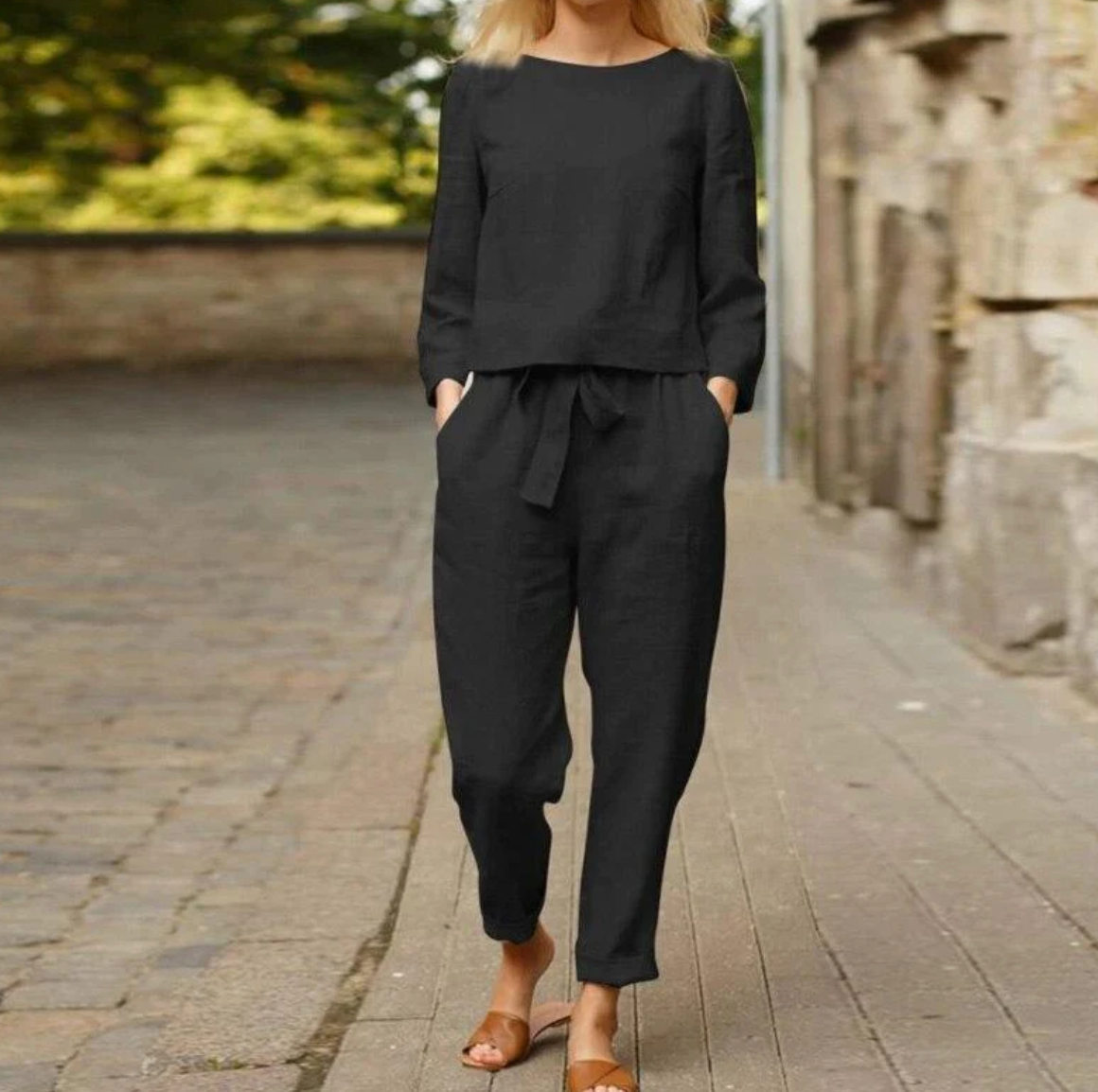 Schwarz leinen summer dress set damen 