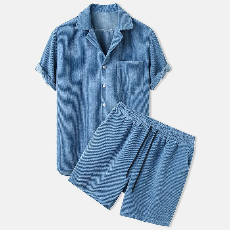 Blau Cord Shorts und Hemd Set für Herren