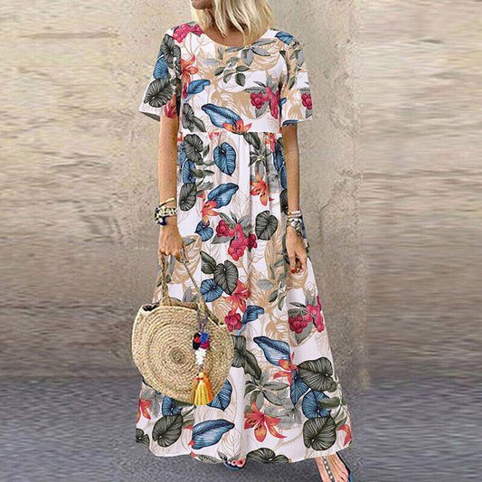 Weißes geblümtes maxikleid mit kurzen armeln - Ella