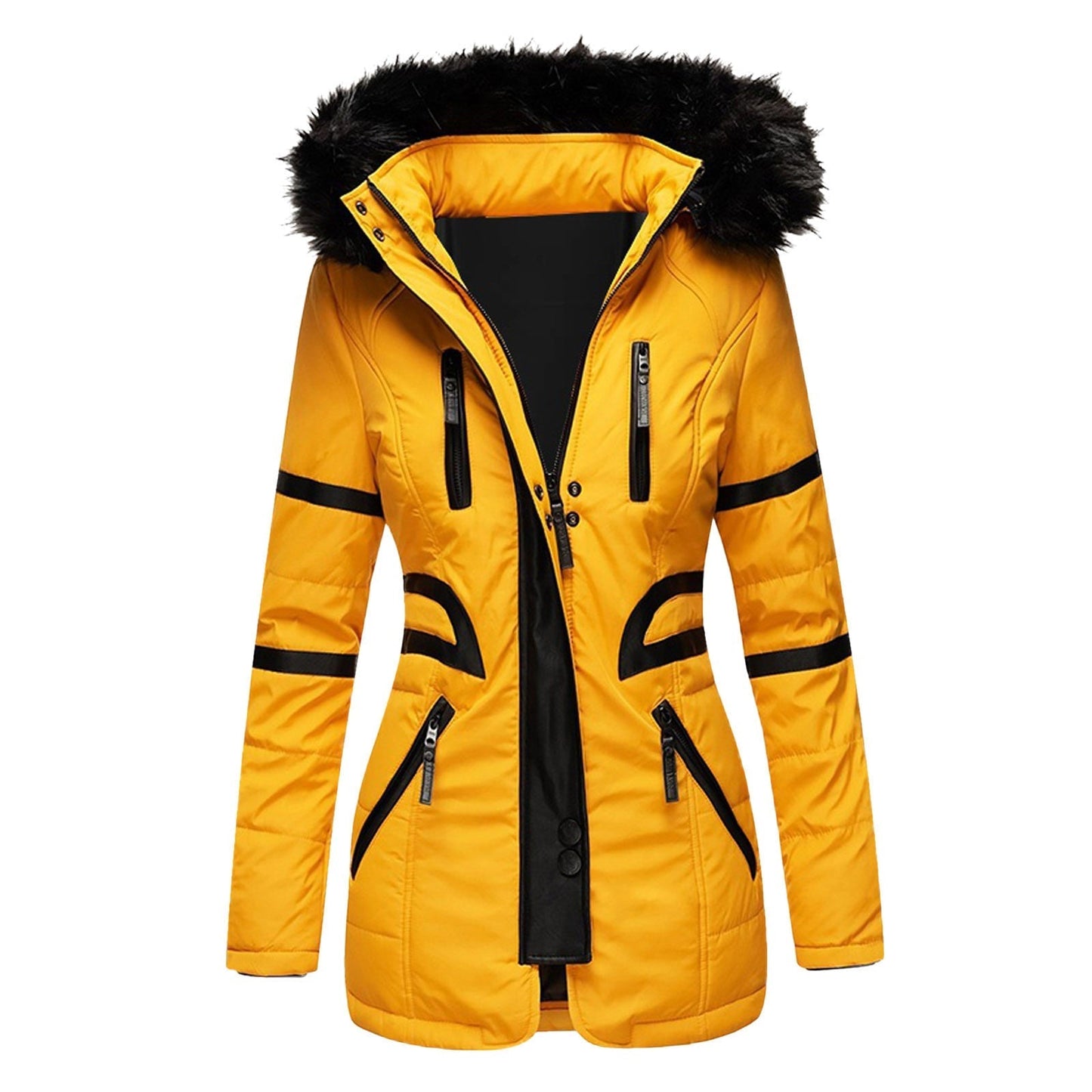 Eleganter damen-wintermantel mit kapuze und wolle