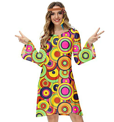 farbenfrohes Vintage-Kleid mit langen Ärmeln und kurzem Schnitt