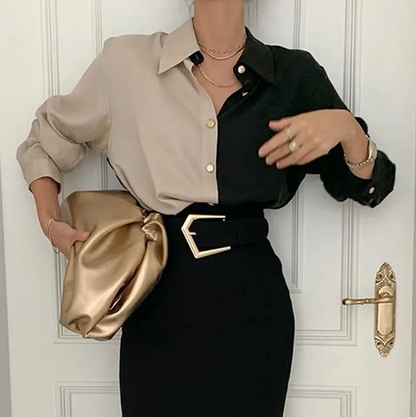 Zweifarbige vintage-langarmbluse für damen