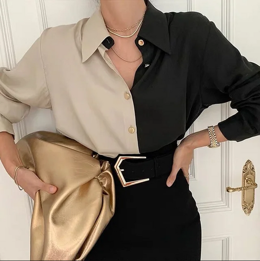 Zweifarbige vintage-langarmbluse für damen