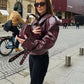 Kurze herbst-winterjacke aus leder für damen