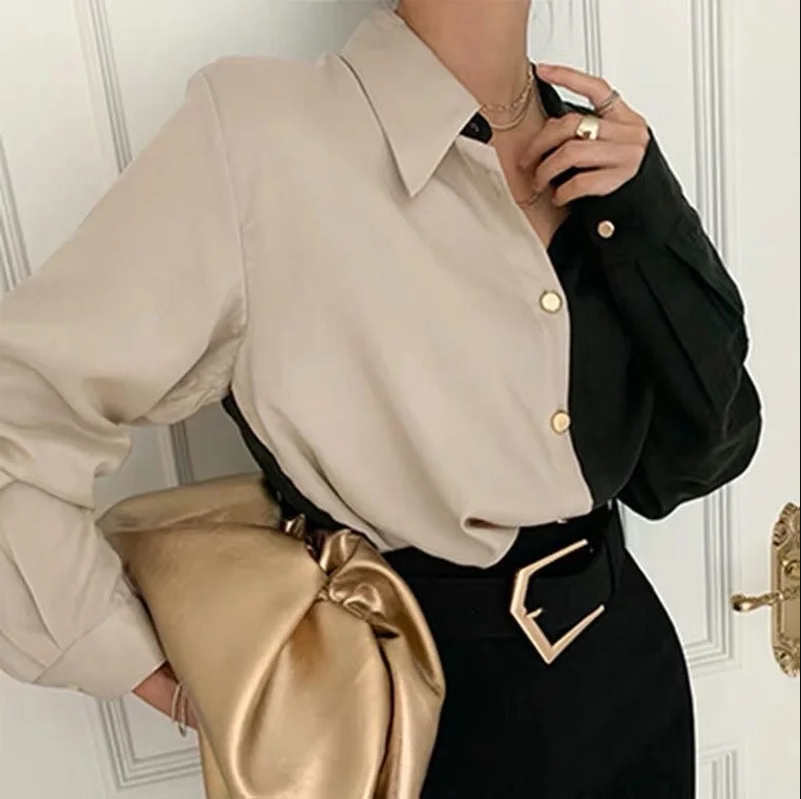 Zweifarbige vintage-langarmbluse für damen