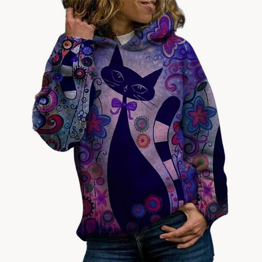 Astrid - eleganter damen-hoodie mit katzenprint