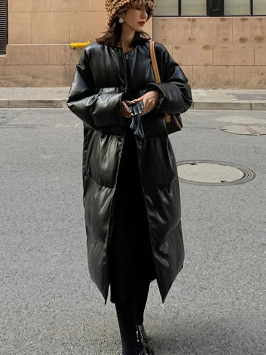 Aimee - lange leder-pufferjacke mit gürtel