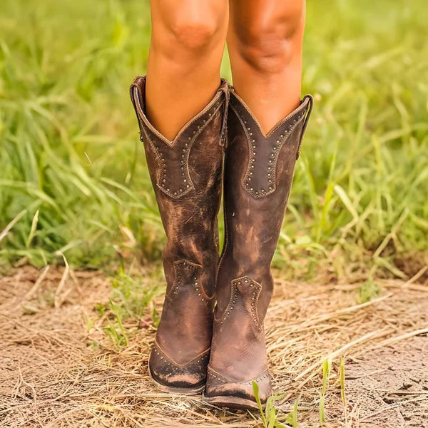 Damen-kniestiefel im used-look mit nieten – damen